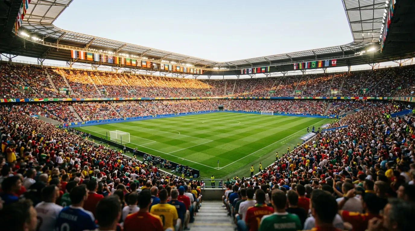 Fussball Stadion mat volle Ränge virum Ufank vun engem WM 2026 Match