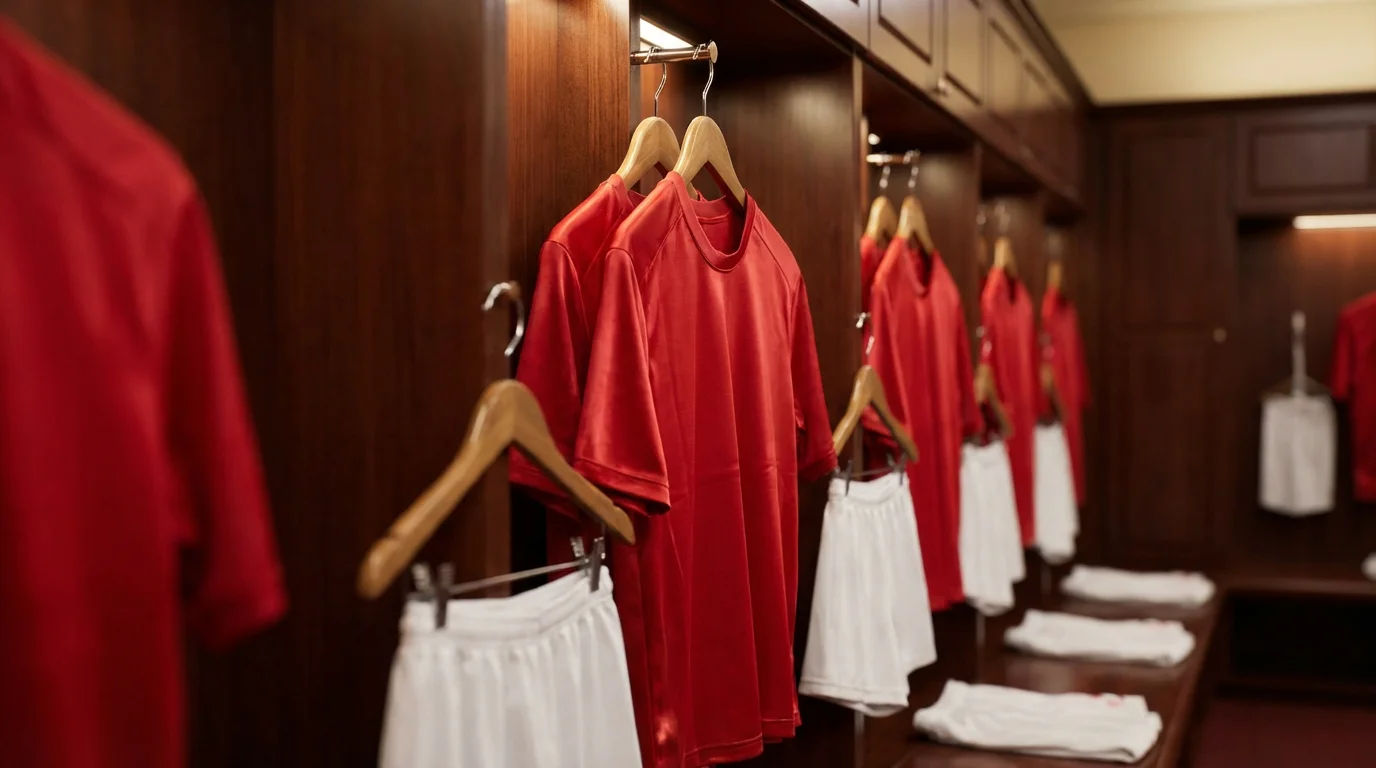 Rout Trikoten vun der belscher Nationalekipp op engem Fussballfeld virum WM Match