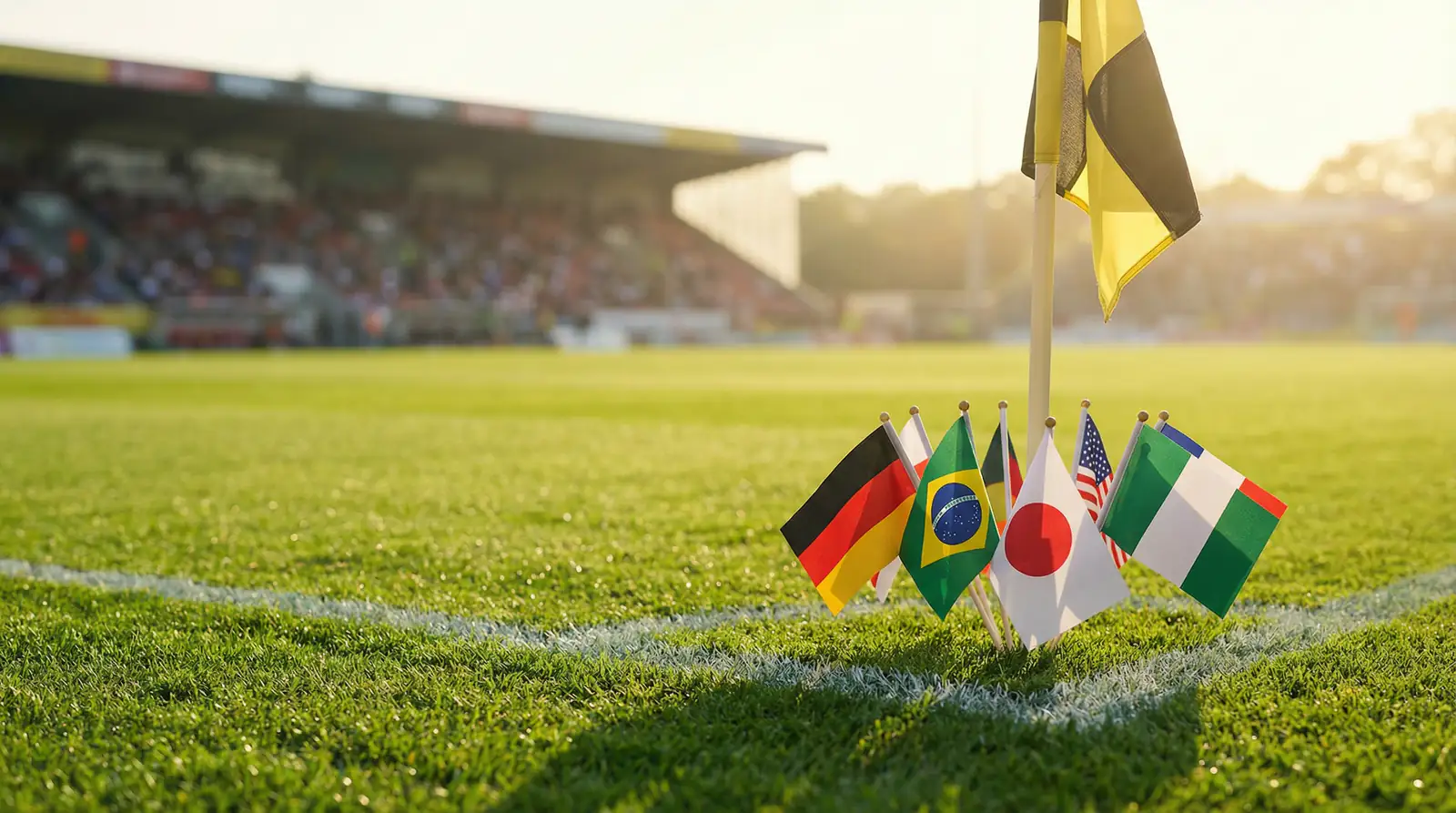 Fussball Spillfeld mat verschiddene Nationalflaggen op den Eckfahnen bei engem WM Gruppematch